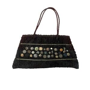 Atenti USA Black Textured Chenille Button Embellished Shoulder Bag Art Purse